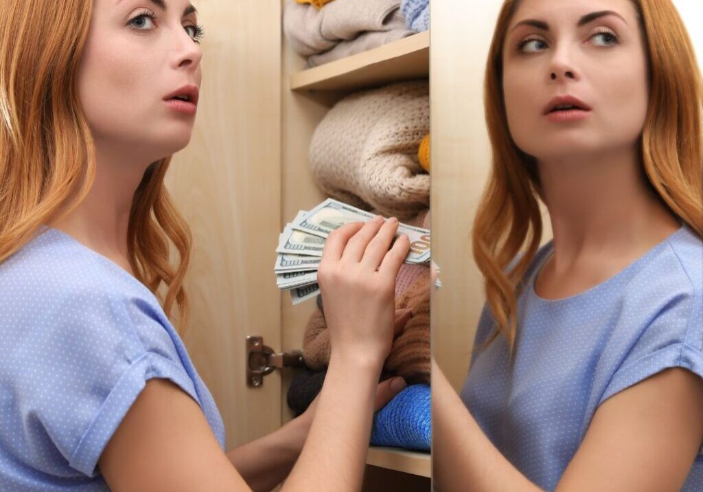 Woman hiding money in closet